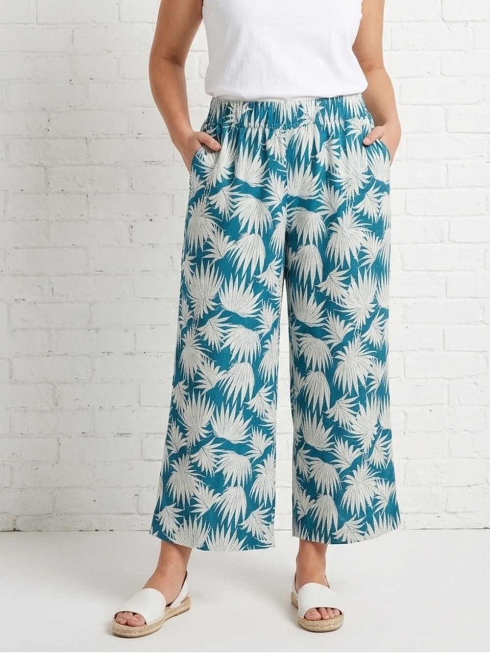 Rachel Zoe Linen Blend Tropical Palm Print Cropped Pants Wide Leg Coastal